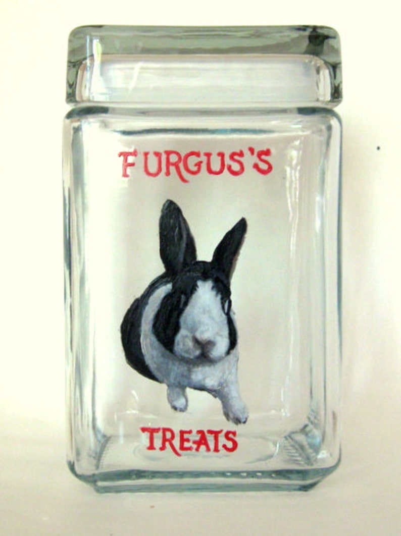 Bunny, Rabbit Treat Jar, Pet Portrait, Custom Canister, Hand Painted Glassware, Pet Food, Snack Container, Painted Rabbit image 1