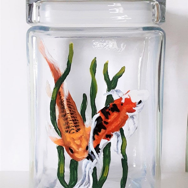 Butterfly Koi Fish Food Jar, Custom Canister, Hand Painted Pond Fish, National Fish Of Japan, Custom Portrait, Personalized Food Canister