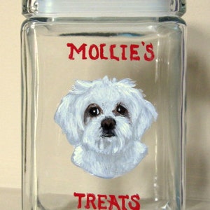 Maltese, Dog Treat jar, Custom Canister, Hand Painted Pet Portrait, Dog Biscuit Container, Pet Storage, Snack, Dog Decor, Glassware, Kitchen image 1