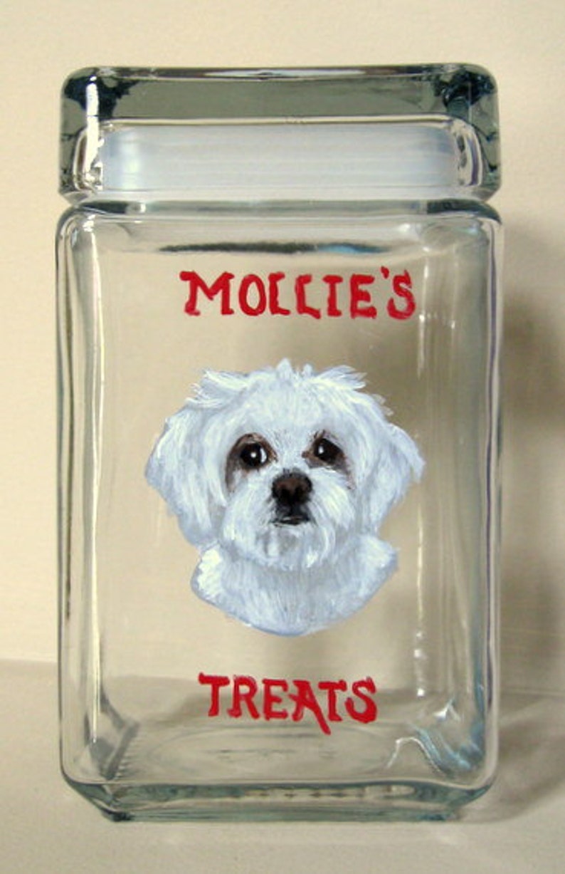 Maltese, Dog Treat jar, Custom Canister, Hand Painted Pet Portrait, Dog Biscuit Container, Pet Storage, Snack, Dog Decor, Glassware, Kitchen image 1