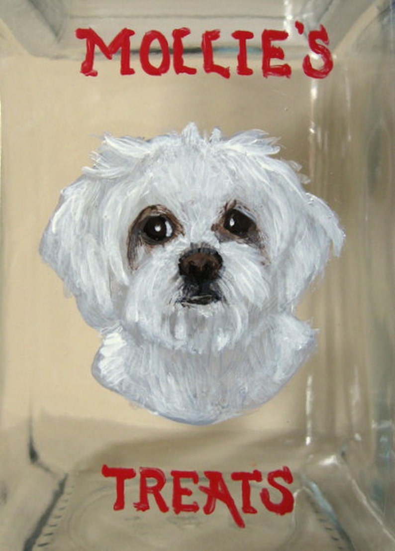 Maltese, Dog Treat jar, Custom Canister, Hand Painted Pet Portrait, Dog Biscuit Container, Pet Storage, Snack, Dog Decor, Glassware, Kitchen image 2