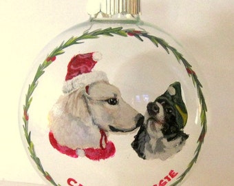Dog Christmas Ornament, Yellow Lab, Boston Terrier Art, Custom Pet Portrait, Painted Glass Ball, Personalized Pet, Dog Memorial, Santa Hat