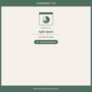 Puede incluir: Una interfaz de producto digital para Ledgerkit Co que presenta la aplicación de navegador Split Quiet para dividir facturas entre compañeros de piso. El diseño incluye un icono de gráfico circular, el texto Split Quiet y un botón $7 instant download.