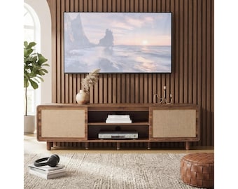 TV Stand, 70 Inch TV Console for TVs Up to 80", Mid Century Modern Media Console,Farmhouse Entertainment Center,Wood TV Cabinet with Storage