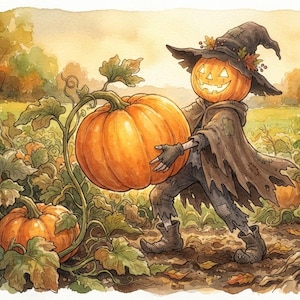 Peut inclure: Une illustration à l'aquarelle d'un personnage à tête de citrouille lumineuse, vêtu d'une cape sombre en lambeaux et d'un chapeau pointu, portant une grosse citrouille orange dans un champ rempli de vignes et de feuilles vertes.
