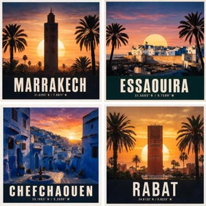 Peut inclure: Un ensemble de quatre impressions carrées représentant des paysages urbains marocains. Chaque image montre un coucher de soleil avec des palmiers et un monument, avec le nom de la ville et les coordonnées : Marrakech, Essaouira, Chefchaouen et Rabat.