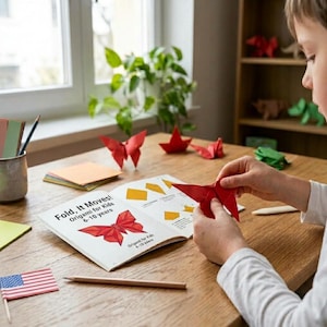 Peut inclure: Un livre d'instructions ouvert intitulé Fold, It Moves! Origami for Kids 6-10 years, avec une illustration de papillon en papier rouge. Une personne plie un papillon en papier rouge, avec d'autres papillons en origami rouges sur la table.