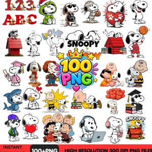 Op de afbeelding: Een verzameling van 100 digitale PNG-bestanden met Snoopy en Peanuts-personages in diverse outfits en activiteiten, waaronder sport-, vakantie- en schoolthema's, met de tekst 100 PNG en 123 ABC prominent weergegeven in de grafische set.