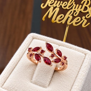 Marquise Cut Ruby Curved Wedding Band Vintage 14K Yellow Gold Nature Inspired Leaf Bridal Diamond Ring Stacking Wedding Ring For Women