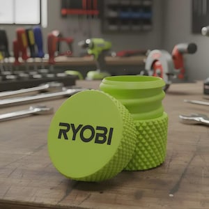May include: A lime green cylindrical container with a textured, knurled exterior surface and a screw-top lid. The lid features the black text RYOBI printed in the centre. The container is composed of two parts, with the lid resting against the base.