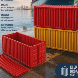 May include: Two rectangular storage containers shaped like shipping containers, one red and one yellow, with a removable red lid. The containers feature a corrugated exterior design. Text on the image includes "DURABLE," "SPACIOUS," "MULTIPURPOSE," and "KEEP IT ORGANIZED. KEEP IT MOVING."