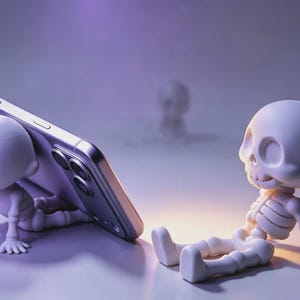 May include: Two small, matte white, stylised skeleton figurines with large heads and rounded features. One skeleton is positioned behind a smartphone, propping it up, while the other sits upright facing the device in a purple-toned light setting.