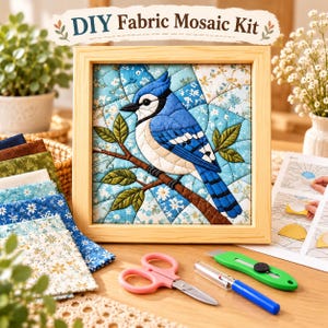 Könnte beinhalten: Ein DIY-Stoffmosaik-Set mit einem Blauhäher-Motiv in einem hellen Holzrahmen. Das Set enthält verschiedene blaue und weiße Blumenstoffquadrate, eine rosa Schere, ein blaues Bastelwerkzeug, ein grünes Cuttermesser und eine Anleitung.