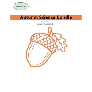 May include: An educational document titled Autumn Science Bundle for Grade 1, featuring an orange line drawing of an acorn with a leaf. The text includes Deep Dive Learners and INCLUDES TEACHER'S AIDS in a rectangular box below the title.