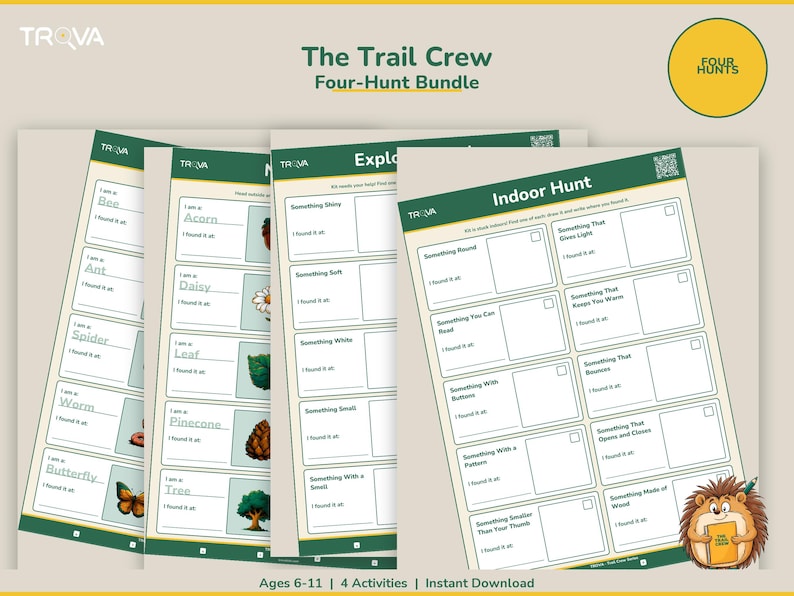 Printbaar pakket met speurtochten voor kinderen | 4 werkbladen met buitenactiviteiten voor kinderen van 6-11 jaar | Trail Crew-pakket afbeelding 1