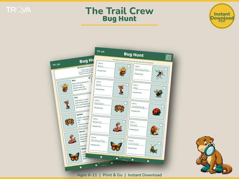 Kids Bug Hunt Printable | Outdoor Activity Sheet Ages 6-11 | Trail Crew Nature Explorer image 1