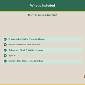 What's included in the Indoor Hunt printable download: colour and black-and-white PDF pages