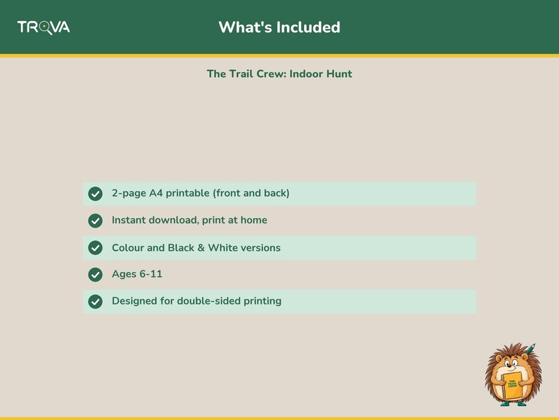 What's included in the Indoor Hunt printable download: colour and black-and-white PDF pages