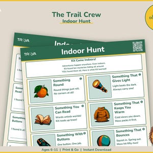 The Trail Crew Indoor Scavenger Hunt printable activity sheet mockup showing the front and back pages
