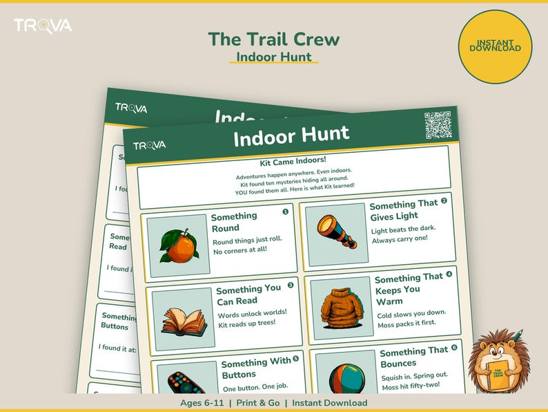 The Trail Crew Indoor Scavenger Hunt printable activity sheet mockup showing the front and back pages
