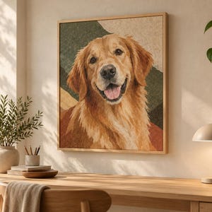 May include: A square framed wall art piece featuring a detailed portrait of a golden retriever dog with its mouth open in a happy expression. The dog is set against a background of abstract geometric shapes in shades of green, tan, and brown.