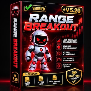 May include: A rectangular product box for Range Breakout V5.20 software featuring a white and black robot character with red glowing eyes. The box displays text including Multi-Timeframe Breakout System, Advanced Risk Management, and Prop Firm Friendly.