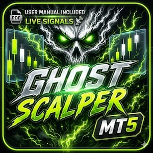 May include: A digital graphic featuring a stylized skull with glowing green eyes surrounded by electric green lightning. The text GHOST SCALPER MT5 is displayed in bold, metallic lettering. Includes icons for a PDF user manual and live signals.