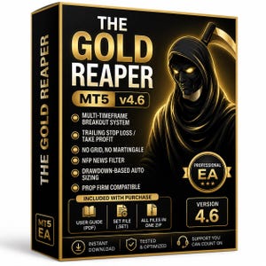 Może przedstawiać: Czarno-złote pudełko z oprogramowaniem The Gold Reaper MT5 v4.6, przedstawiające postać w kapturze ze świecącymi oczami i kosą. Pudełko zawiera listę funkcji, takich jak system breakout dla wielu ram czasowych oraz kompatybilność z firmami.