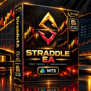 May include: A black rectangular software box for StraddleEA featuring a gold and red geometric logo, stock market candlestick charts, and the text V1.138, SET FILES INCLUDED, 100% GUARANTEED, SMART TRADING SMARTER RESULTS, and MT5.
