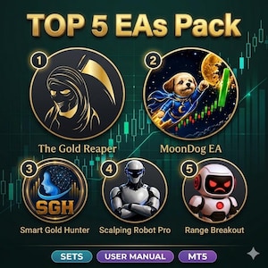 Peut inclure: Un graphique numérique intitulé TOP 5 EAs Pack présentant cinq icônes circulaires numérotées. Les icônes incluent une faucheuse dorée, un chien volant en cape, un logo cerveau bleu avec SGH, un robot blanc et un petit robot aux yeux rouges. Boutons SETS, USER MANUAL, MT5.
