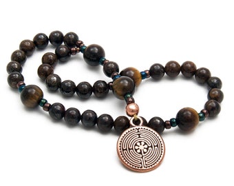 Labyrinth Anglican Rosary - Brown Bronzite and Tigerseye - Christian Prayer Beads Religious Gift