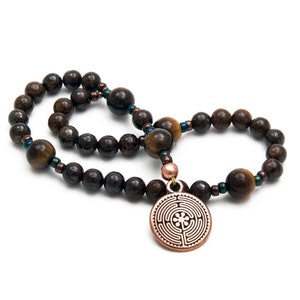Labyrinth Anglican Rosary - Brown Bronzite and Tigerseye - Christian Prayer Beads Religious Gift