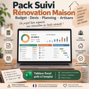 Suivi Rénovation Maison Excel PDF - Budget Devis Planning Travaux - Planificateur Chantier - Check-list Artisan - Fichier Numérique