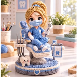 Puede incluir: Una muñeca de ganchillo con cabello rubio en coleta, vistiendo una casaca azul y una mascarilla azul claro, sentada en un sillón dental de ganchillo. El conjunto incluye una pequeña figura de diente, herramientas dentales y una toalla azul.