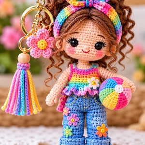 Könnte beinhalten: Eine Häkelpuppe als Schlüsselanhänger mit lockigem braunem Haar, einem Regenbogen-Stirnband, einem Regenbogen-Oberteil und einer blauen Jeans mit kleinen Blumen. Die Puppe hält einen bunten gestreiften Ball und hat einen goldenen Schlüsselring.