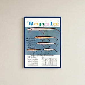 May include: A vintage-style advertisement poster for Rapala fishing lures. The print features five detailed illustrations of silver and gold minnow-style lures with treble hooks, accompanied by technical specifications, pricing, and an order form.