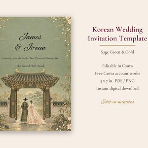 May include: A sage green and gold wedding invitation template featuring a traditional Korean gate illustration with a couple in hanbok. The text reads: James & Ji-eun, Saturday, June the Sixth, Two Thousand Twenty-Six, The Grand Hall, Seoul.