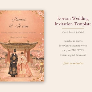 Op de afbeelding: Een koraalperzik en gouden Koreaanse trouwuitnodigingssjabloon met een illustratie van twee figuren in traditionele kleding voor een paviljoen met kersenbloesems. Tekst bevat James & Ji-eun, datum, locatie en sjabloongegevens.