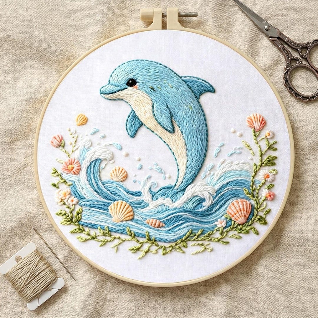 Dolphin Embroidery Kit: Ocean Hoop Art, Beginner DIY Craft Set (7.87 ...