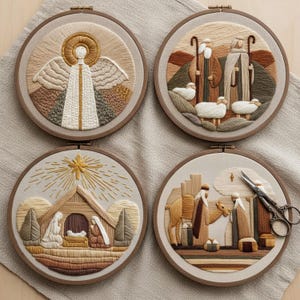 May include: Four circular embroidery hoops featuring religious scenes: an angel with a golden halo, shepherds with sheep, a nativity scene with a star, and the three wise men with a camel. A pair of metal scissors rests on the final hoop.
