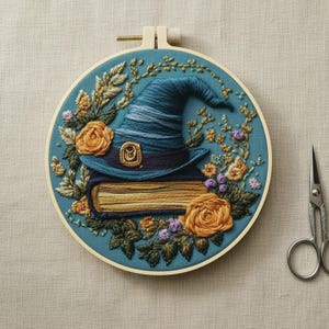 Floral Witch Hat Embroidery Kit: Botanical Magic Hoop Art (DIY Craft Set)