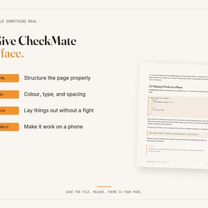 May include: A white educational document titled Give CheckMate a face with orange rectangular labels for HTML, CSS, FLEX, and MOBILE. The text explains web development concepts including page structure, styling, layout, and mobile responsiveness.