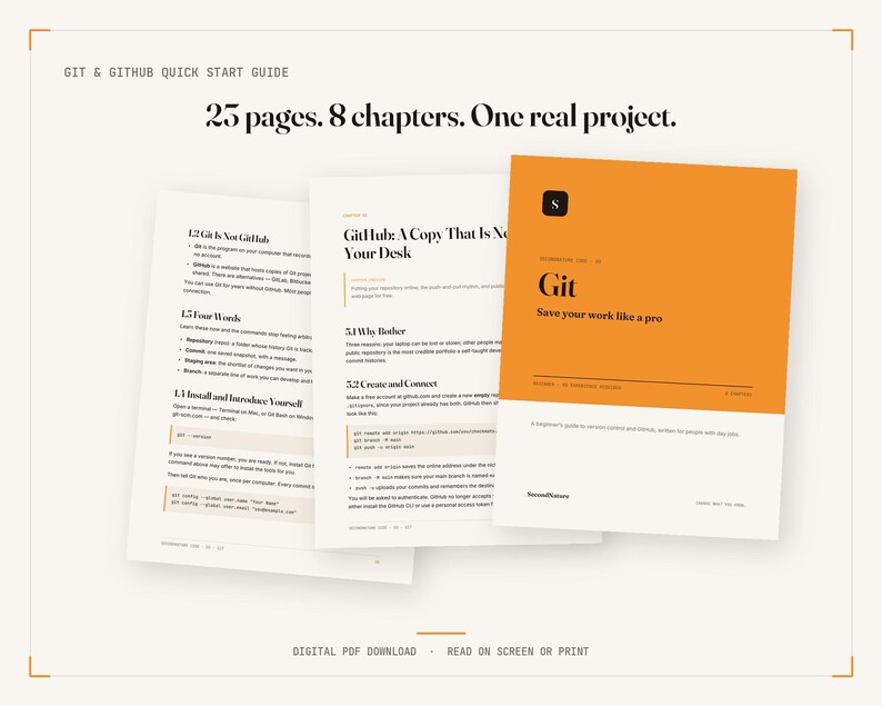 May include: A digital guide titled Git & GitHub Quick Start Guide with 25 pages and 8 chapters. The cover is orange with black text reading Git and Save your work like a pro. Interior pages show technical text about version control systems.