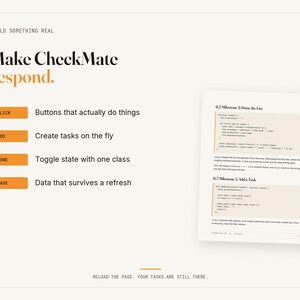 May include: A technical document page titled Make CheckMate respond with orange buttons labeled CLICK, ADD, DONE, and SAVE. The text describes task management features, and a code snippet shows JavaScript functions for milestone tasks.