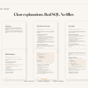 May include: A digital preview of a technical book featuring six pages of SQL educational content. The header reads A LOOK INSIDE and Clear explanations. Real SQL. No filler. The footer includes the text PLAIN ENGLISH, TESTED EXAMPLES, PRINT-FRIENDLY.