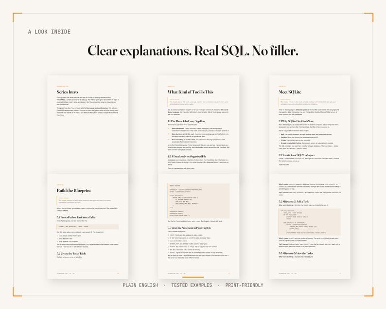 May include: A digital preview of a technical book featuring six pages of SQL educational content. The header reads A LOOK INSIDE and Clear explanations. Real SQL. No filler. The footer includes the text PLAIN ENGLISH, TESTED EXAMPLES, PRINT-FRIENDLY.