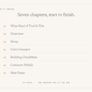May include: A table of contents page titled WHAT'S INSIDE with the text Seven chapters, start to finish. It lists seven numbered chapters: 01 What Kind of Tool Is This, 02 Overview, 03 Setup, 04 Core Concepts, 05 Building CheckMate, 06 Common Pitfalls, 07 Next Steps.