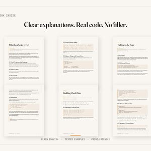 May include: A preview of a technical book featuring three pages of text and code snippets. The header reads A LOOK INSIDE and Clear explanations. Real code. No filler. The pages contain headings like What JavaScript Is For and Talking to the Page.