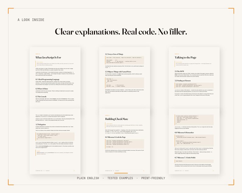 May include: A preview of a technical book featuring three pages of text and code snippets. The header reads A LOOK INSIDE and Clear explanations. Real code. No filler. The pages contain headings like What JavaScript Is For and Talking to the Page.