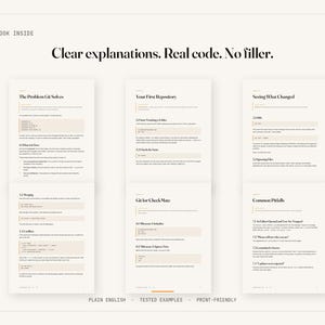 May include: A digital preview of a technical book featuring six pages with black text on a cream background. The header reads A LOOK INSIDE and Clear explanations. Real code. No filler. The pages contain headings like The Problem Git Solves, Your First Repository, Seeing What Changed, and Common Pitfalls, with code snippets and instructional text.